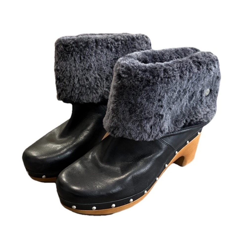 Ugg Australia Lynnea Black Leather Shearling Lined‎ Fold Over Boots Women's 7